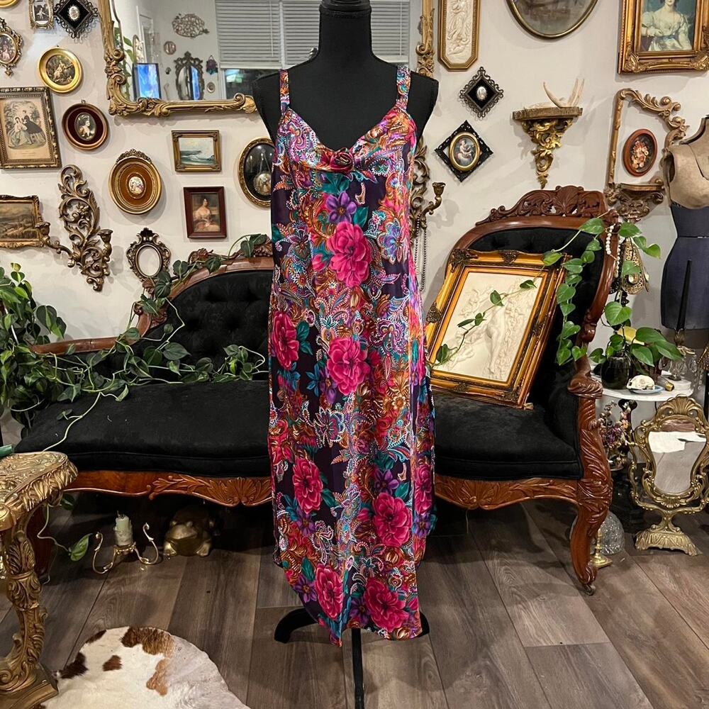 Vintage California Dynasty Floral Slip Dress lingerie satin gown size (M)